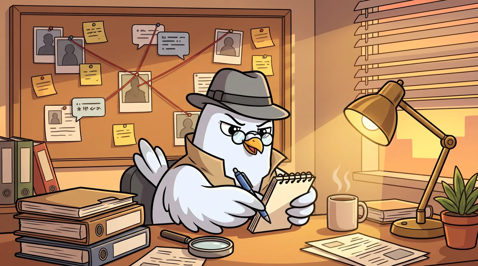 El Licenciado Lolo, una paloma detective, investigando tu chat en su escritorio con un tablero de pistas
